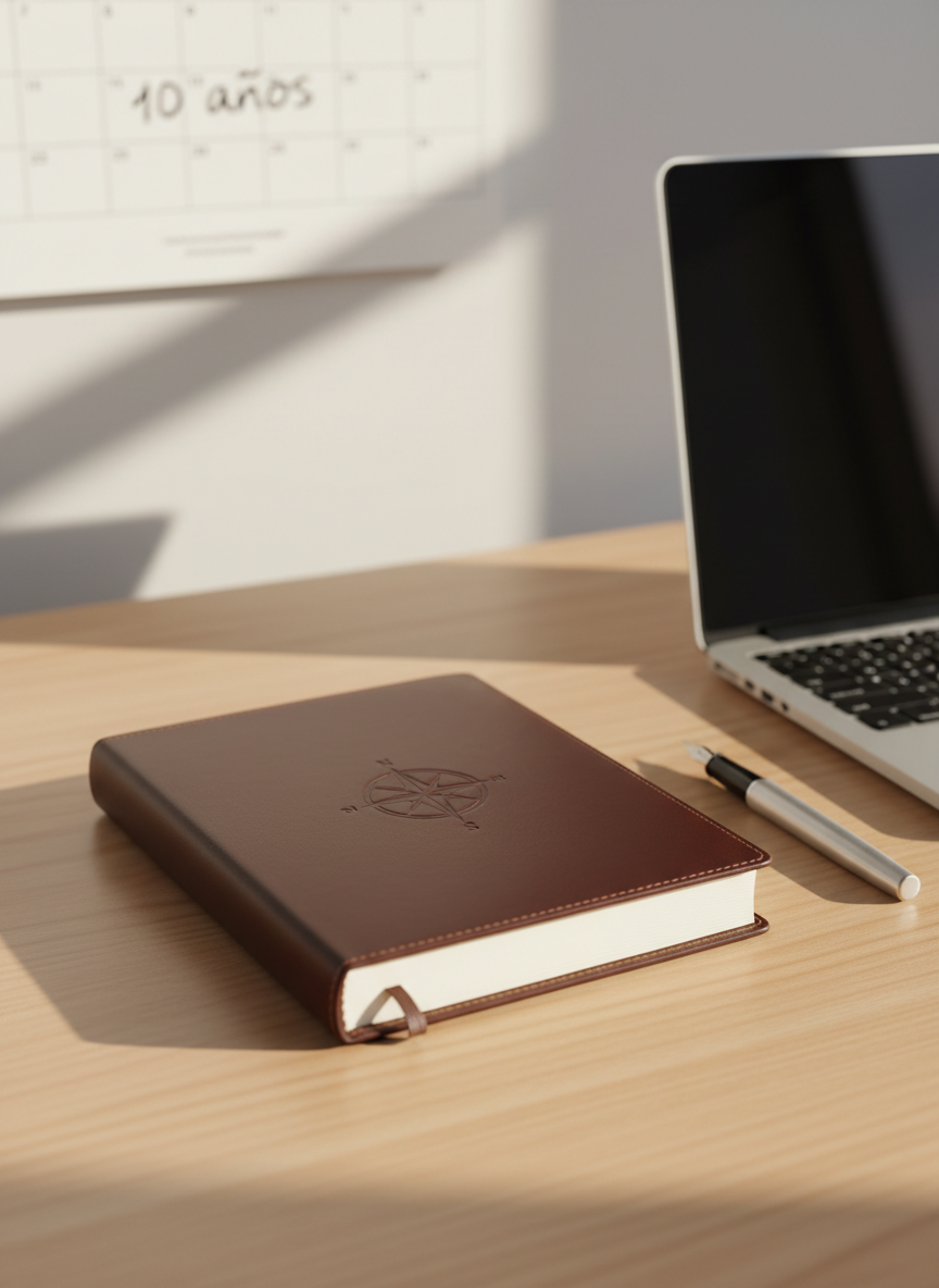 A sleek, closed leather-bound journal embossed with a subtle compass symbol on the cover, resting on a clean wooden desk beside a slim silver laptop and a neatly arranged fountain pen. The pages’ edges form a soft, creamy texture against the warm grain of the wood. Late afternoon natural light enters from the left, creating gentle highlights on the journal’s surface and soft shadows that stretch diagonally. In the blurred background, a minimal calendar marked “10 años” is pinned on a pale wall. Photographic realism, eye-level composition with shallow depth of field, professional and calm atmosphere, emphasizing long-term vision and intentional planning for the future.